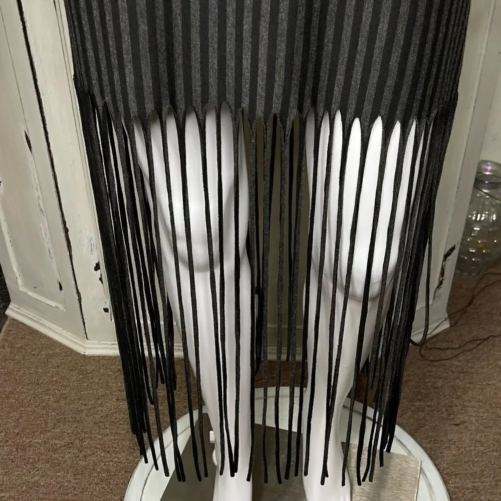 Cleo Black Gray Stripe Fringe Hemline Sleeveless Midi Dress Size Medium - Picture 6 of 16